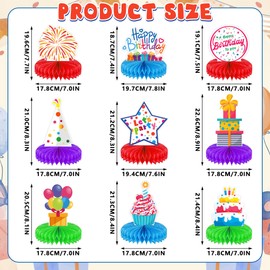 Yoqipati 9 Pieces Colorful Birthday Themed Honeycomb Centerpieces Birthday Decoration 3D Table Toppers Double Sided Stand Cards for Birthday Party Supplies