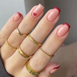 Red Heart Press on Nail Short Sqaure Fake Nail French Nail Tip Heart Press on Nail Medium for Acrylic Nail Red Heart Love Valentine' Nail for Womne Glue on Nail,24pcs False Nail