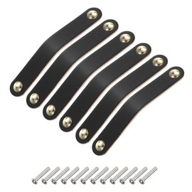 sourcing map 6 Packs Leather Drawer Pulls, Double Hole Leather Drawer Knobs Furniture Dresser Handles Pulls with Screws for Dressers Drawers Closet Cupboard, Black/Gold(Hole Spacing:128mm)