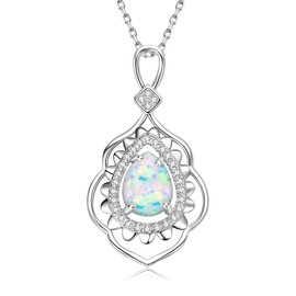 YUNKAI Opal Necklaces for Women Sterling Silver, Pear/Round/Oval Created-Opal Pendants, Dainty Vintage Necklace Fine Jewelry Gift for Birthdays Anniversaries, October Birthstone Pendant