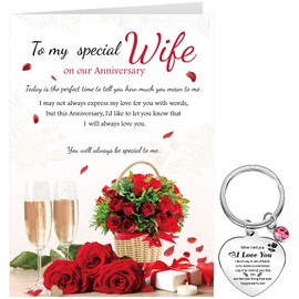 OWill Anniversary Card for Her, Wedding Happy Anniversary Card for Wife, Roses Greeting Card with White Envelope and Keyring for Valentine's Day, Christmas, Birthday