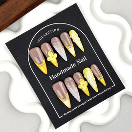 100% 5D Handmade Press on Nails with Charms Long Stiletto Nails Press ons- Water Ripple False Nails Ombre Orange Yellow Press on Nails Flower Fake Nails for Women Girls Daily Wear DIY Manicure Size L