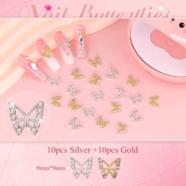 3D Nail Charms and Gems Set 2 with Rhinestone Glue, 20PCS Gold and Silver Chunky Butterfly Nail Charms, 3D Flowers for Nails, Flatback Crystals and Pearls + Diamonds + Picker Tool for Y2K Nail Decor