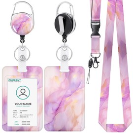 Anseal Breakaway Lanyards for Id Badges, Retractable Badge Holders with Keychain, Id Credit Card Holder Vertical Name Tag Protector Badge Reel for Nurse Teacher Student (Marble Purple Pink)
