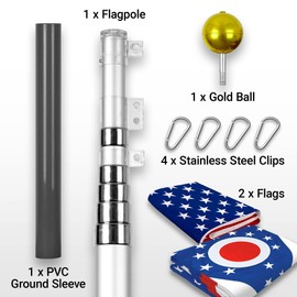 G128 Combo Pack: 25 Ft Telescoping Aluminum Flagpole (Silver) & American and Ohio Flags 3x5 Ft, Both ToughWeave Series Embroidered Polyester | Pole with Flags Included