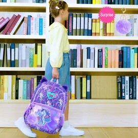 ZLYERT 3Pcs Backpack for Girls, 16.5" Seahorse Backpacks Set for Elementary Preschool Kindergarten, Kids School Bookbag with Lunch Box(Purple)