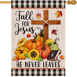 Artofy Bandera de calabaza religiosa para el hogar, decoración de otoño para Jesús, decoración exterior de girasol, diseño a cuadros de búfalo para exteriores, decoración de arpillera grande de doble cara, 28 x 40 pulgadas