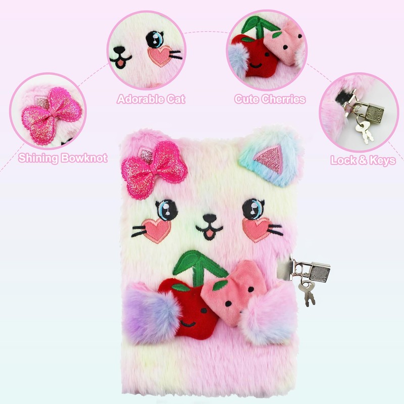 Amonk Secret Diary with Lock for Girls, Fuzzy Cat Kids