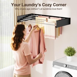 Vasunray Wall Mounted Clothes Drying Rack Folding Indoor, Foldable Laundry Drying Rack Collapsible,Invisible, Space Saving, Retractable Towel Drying Rack, with Wall Template(5 Drying Rods, Black 32")