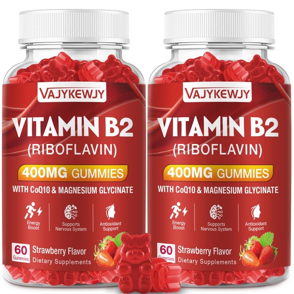 VAJYKEWJY Vitamin B2 Gummies Riboflavin 400mg Strawberries Flavor, 120 Count，Vegan,