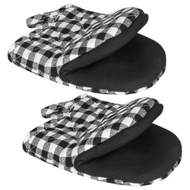 TOPSKY 2-Pack Short Oven Mitts, 7-Inch Heat Resistant Cotton Twill Kitchen Gloves with Non-Slip Grip Surfaces and Hanging Loop, Ideal for Baking, Grilling, and Cooking (Black and White Grid)