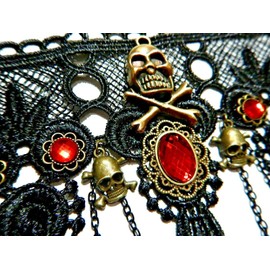 Pirate Queen Black & Red Lace Choker High Collar steampunk skull & cross bones necklace