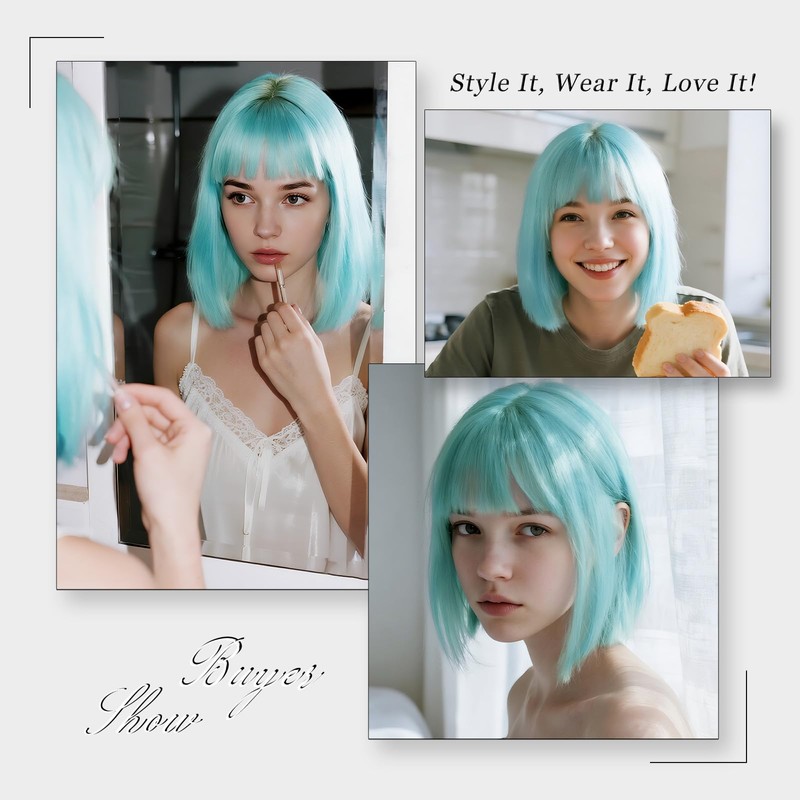 Mint Green Bob Wig with Bangs 13inShort Straight Green Wig