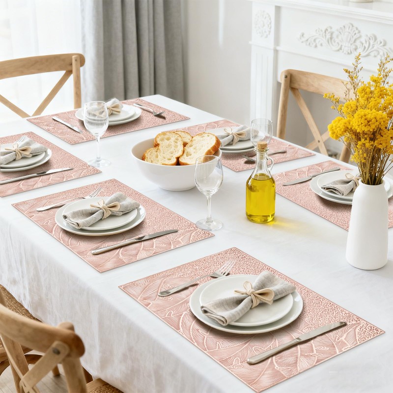 fanquare Rose Gold Leaf Pattern Rectangle Placemats, Set of 6,