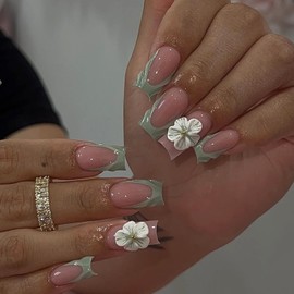 Summer Green French Press on Nails with 3D Flower Designs Medium Square Fake Nails Glossy Acrylic Press in Nails Medium Floral False Nails Full Cover Stick on Nails for Women Nails Manicure 24 Pcs