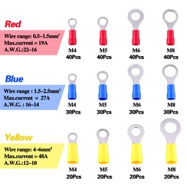 Glarks 360pcs 22-16/16-14/12-10 Gauge Mixed Quick Disconnect Electrical Insulated M4 / 5/6 / 8 Ring Crimp Terminals Connectors Assortment Kit