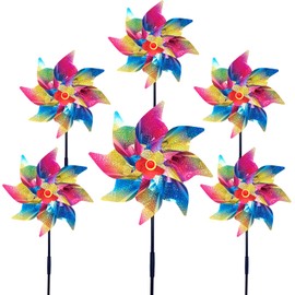 6Pcs Sparkly Rainbow Pinwheels HADEEONG 9.4in Colorful Wind Spinners Reflective Pinwheels Decorative Windmill to Scare Birds Away for Yard Garden Outdoor Decoration
