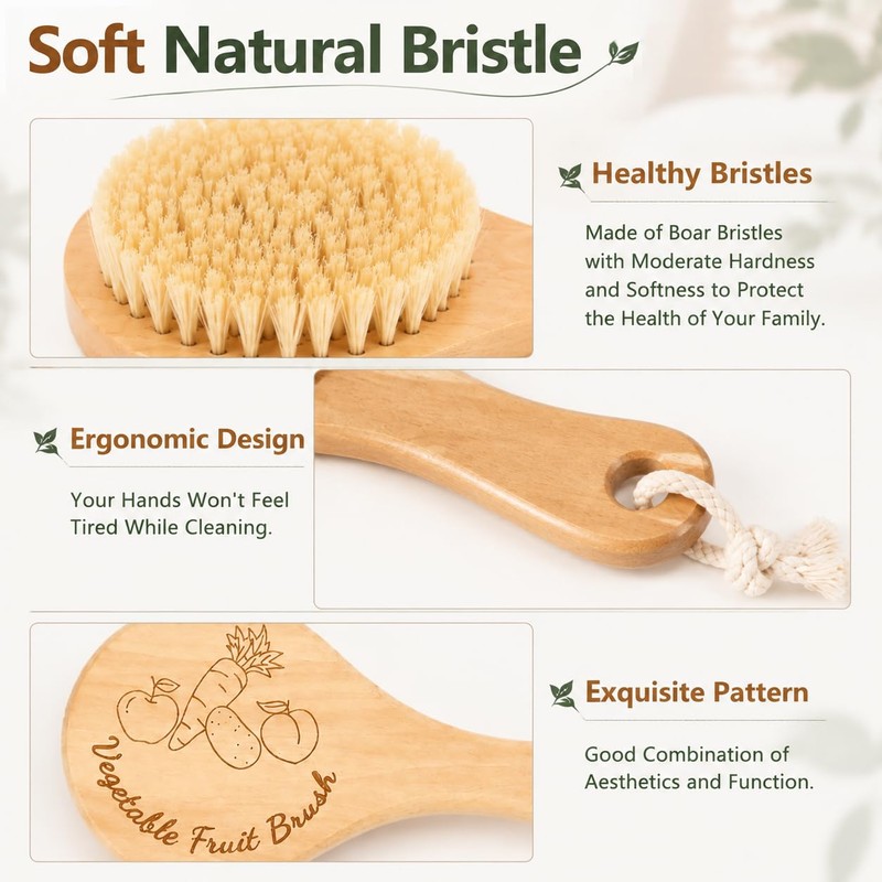Wooden Vegetable Brush Set with Handle, Potato Scrubber for Fruits
