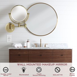 RECKODOR Wall Mount Makeup Mirror with Lights and Magnification, 1X and 5X Lighted Magnified Mirror for Bathroom, 8-inch Small Gold Mirrors for Wall, Brass Extension Arm, Touch Dimming, Hardwired