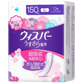 WHISPER Whisper Thin Water Absorption, 5.1 fl oz (150 cc), 12 Sheets (Urine Leak Pad, Urine Removal Pad for Women) [Medium Quantity]