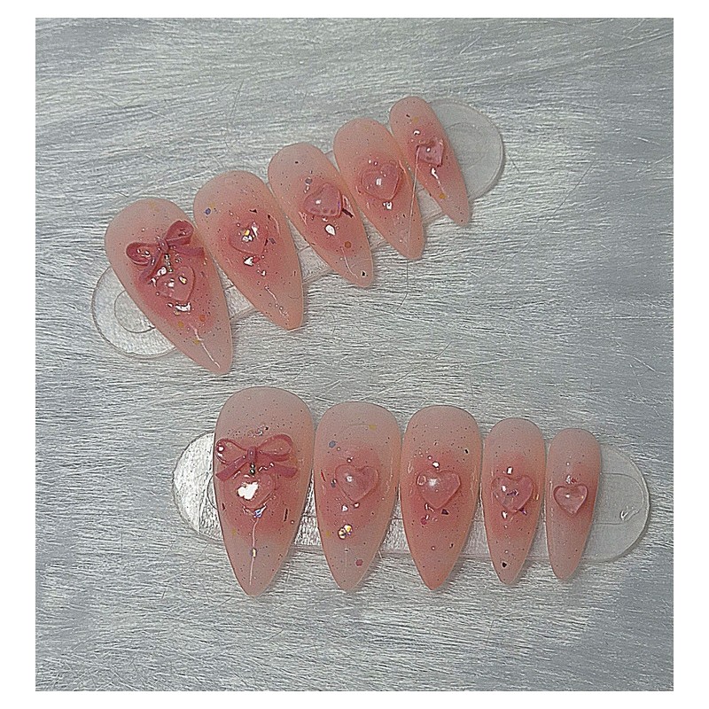[In-Store Special Discount]Pink Heart Peach Cheek Handmade Nail Tips -
