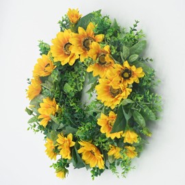 JUST FOR PARTY 20 Inches Sunflower Wreath, Spring Summer Wreaths for Front Door, Artificial Sun Flower with Lush Green Leaf Wreath for All Seasons Indoor/Outdoor Decorations, Yellow Sunflower Wreaths