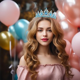 Queenship Birthday Tiara Crown with Sash for Women, Headband Hair Accessories for Birthday Queen Party (A-Blue)