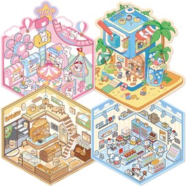 iGetooy 3D Sticker Scene, 4 Sets DIY 3D House Stickers for Kids, Cute Stickers for Laptop, Water Bottle, Phone, Make Your Own Scene Sticker for Adults & Kids Relief Stress Pass The Time