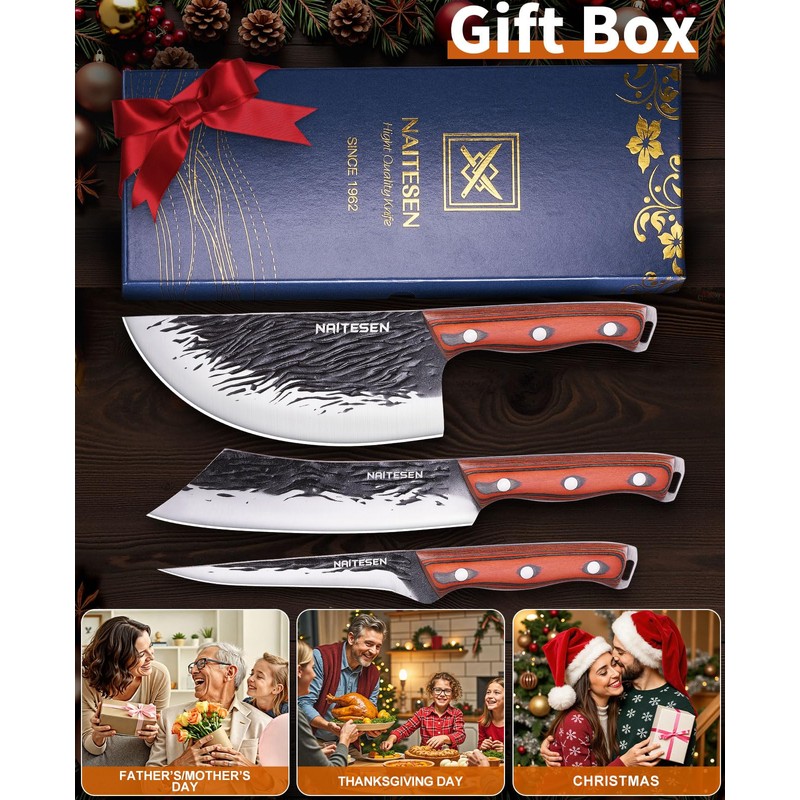 Naitesen 3PCS Hand Forged Butcher Knife Set, Very Sharp Meat