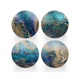 4 x Round Art Deco Coasters - Agate Blue Abstract Set Theme Women House Warming Circle Drinks Kitchen Table Decoration Décor Gift #78309