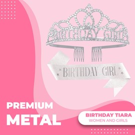 Papoopy Papoopy Birthday Tiara and Crown with Sash for Women, Hair Accessories for Wedding Party Costume (A1 - Silver)