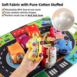 Adpartner Soft Car Toys for 1 Year Old Boy with Playmat/Storage Bag, 9PCS Cloth Stuffed Car Vehicle Toys Set with Play Mat Baby Toys for 6+ Months Babies Infants, 1st Birthday Gifts for Toddlers Kids
