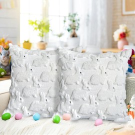 RABUSOFA Easter Pillow Covers 20x20 inch Set of 2 Easter Decorations Cream White Bunny Plush Faux Fur Jacquard Throw Pillows for Bedroom Sofa Holiday Festivals Home Decor