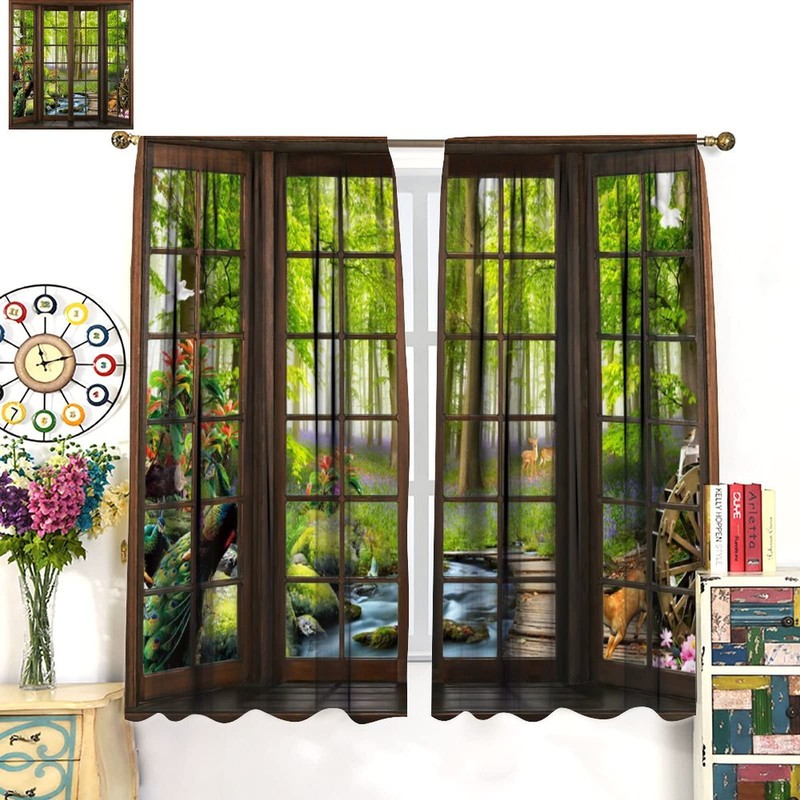 AuiMzoo Landscape Curtains, 3D Window Spring Forest Wildlife Nature Scenery,