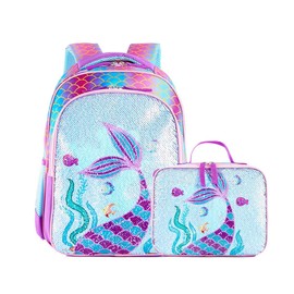 THE Crafts Reversible Sequin School Backpack Lightweight Little Kid Book Bag with Lunch Bag Set for Preschool Kindergarten Elementary(15", Mermaid with Lunch Bag)