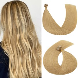 S-noilite Nano Tip Hair Extensions Human Hair Nano Ring Hair Extension Pre-Bonded Nano Bead Remy Hair Extensions Micro Beads Hairpiece for Women 50g 50strands 16inch #24 Natural Blonde