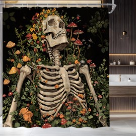 AYDSMYD Sugar Skull Floral Shower Curtain Gothic Spooky Halloween Floral Skeleton Plant Vintage Mystical Home Fabric Bathroom Decor Set Include Hooks,70" WX70 H