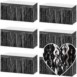 6 Pack 29x108 Inch Black Wave Foil Fringe Table Skirts Metallic Banner for Tinsel Streamer Garland Backdrop for Parade Floats Wedding, Mother's Day, Birthday Mardi Gras Party Decorations