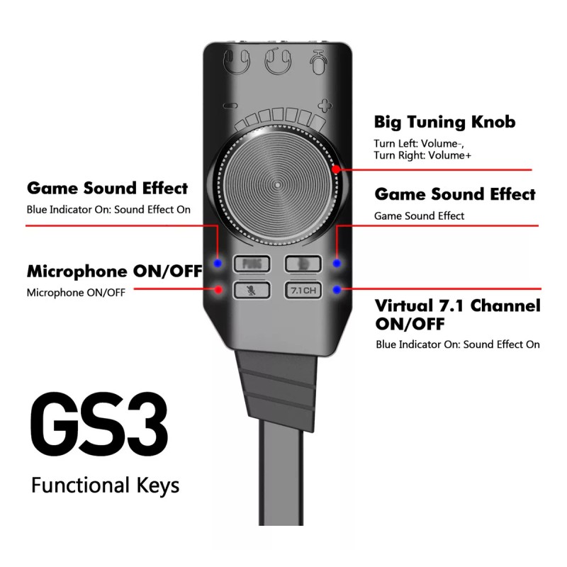 GS3 Tarjeta de sonido externa GS3 USB 2.0 de 7.1