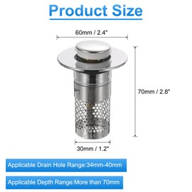 uxcell Bathroom Sink Stopper Push Type Sink Drain Strainer Filter with Removable Stainless Steel Filter Basket Hair Catcher Fit for 1.3"-1.6" Sink Drain Hole, Silver