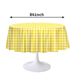 RINDOJIN 3 Pack Yellow Gingham Tablecloth Round 84 x 84 Inch Round Plastic Checkered Table Cloth Disposable Plaid Table Cover for Picnic Party Birthday Wedding Baby Shower Circle Yellow Tablecloth