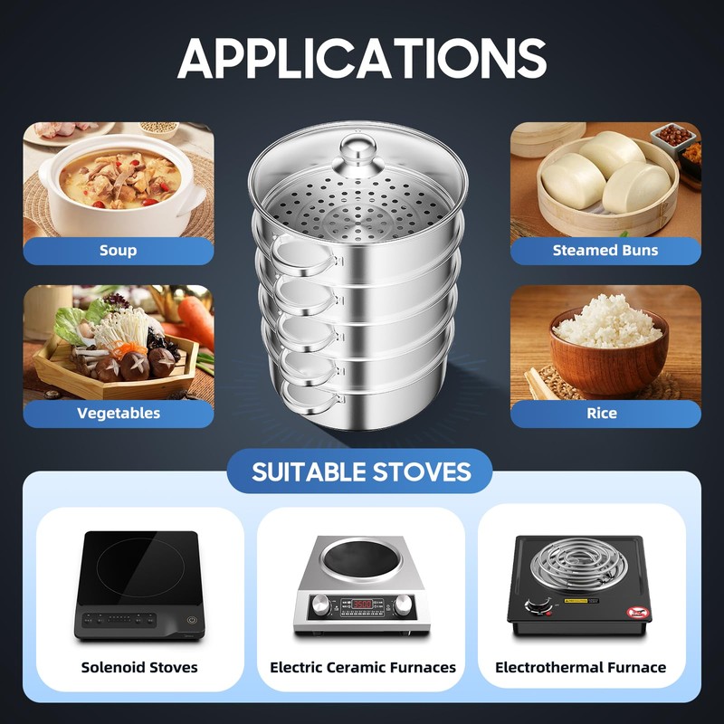 XUANIIIL 5 Tier Steamer 11 Inch Stainless Steel Steam Cooker