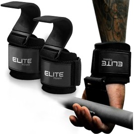 Elite Fitness Ganchos con muñequera para Levantamiento de Pesas(PAR), muñequera acolchonada de Neopreno, Doble Costura para Mayor Seguridad, logra un 