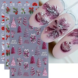 Christmas Nail Art Stickers 5D Self-Adhesive Cute Snowman Bow-Tie Snowflakes Christmas Tree Design Winter Nail Art Supplies Holiday Nail Stickers for Women DIY Manicure Decorations Accessories 3PCS