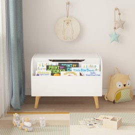 arsehhwe Wooden Toy Box with Front Bookshelf, Flip-Top Lid and Safety Hinge, Kids Storage Organizer, White