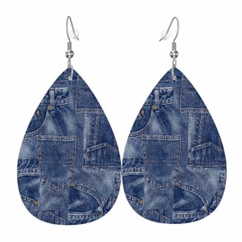 Denim Material Patchwork Teardrop Double-sided Leather Earrings Fabric Apparel Indigo Miscellaneous for Women Fashion and Valentine Birthday Party Gift