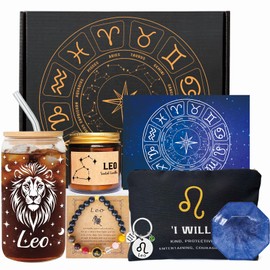 Leo Birthday Gifts for Women - Zodiac Glass Cup Gift Set for Her - Astrology Basket for Mom Sister - Constellation Box for Friend - Thank You Basket for Boss Lady Coworker