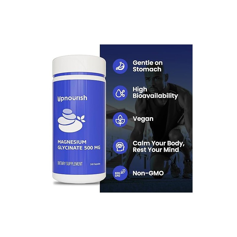 Upnourish Magnesio Glicinato Quelato 500mg Cápsulas Quelado Altamente Absorbible Puro