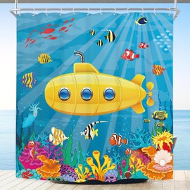 Riyidecor Kids Shower Curtain for Bathroom Decor 72Wx72H Cartoon Yellow Submarine Marine Underwater Ocean Fish Sea Coral Reef Colorful Fabric Inch 12 Pack Plastic Shower Hooks Included RY-58JC