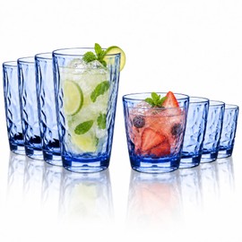 Vasos de plástico Irrompibles, Juego de 8 (4 Altos 16oz + 4 Bajos 10oz), Copas Reutilizables con Diseño Diamante, Aptos para Lavavajillas y Microondas
